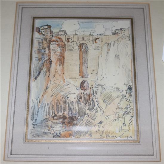 Gerald Palmer (19/20C), pencil and watercolour, Continental hill town, signed and dated 1929